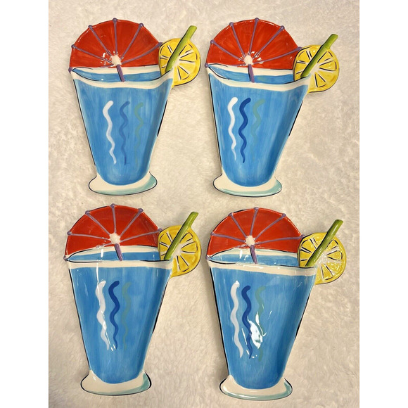 Set of 4 Clay Art Summer Drink Lemon, Straw, Umbrella Dessert Bowls blue - Picture 1 of 3